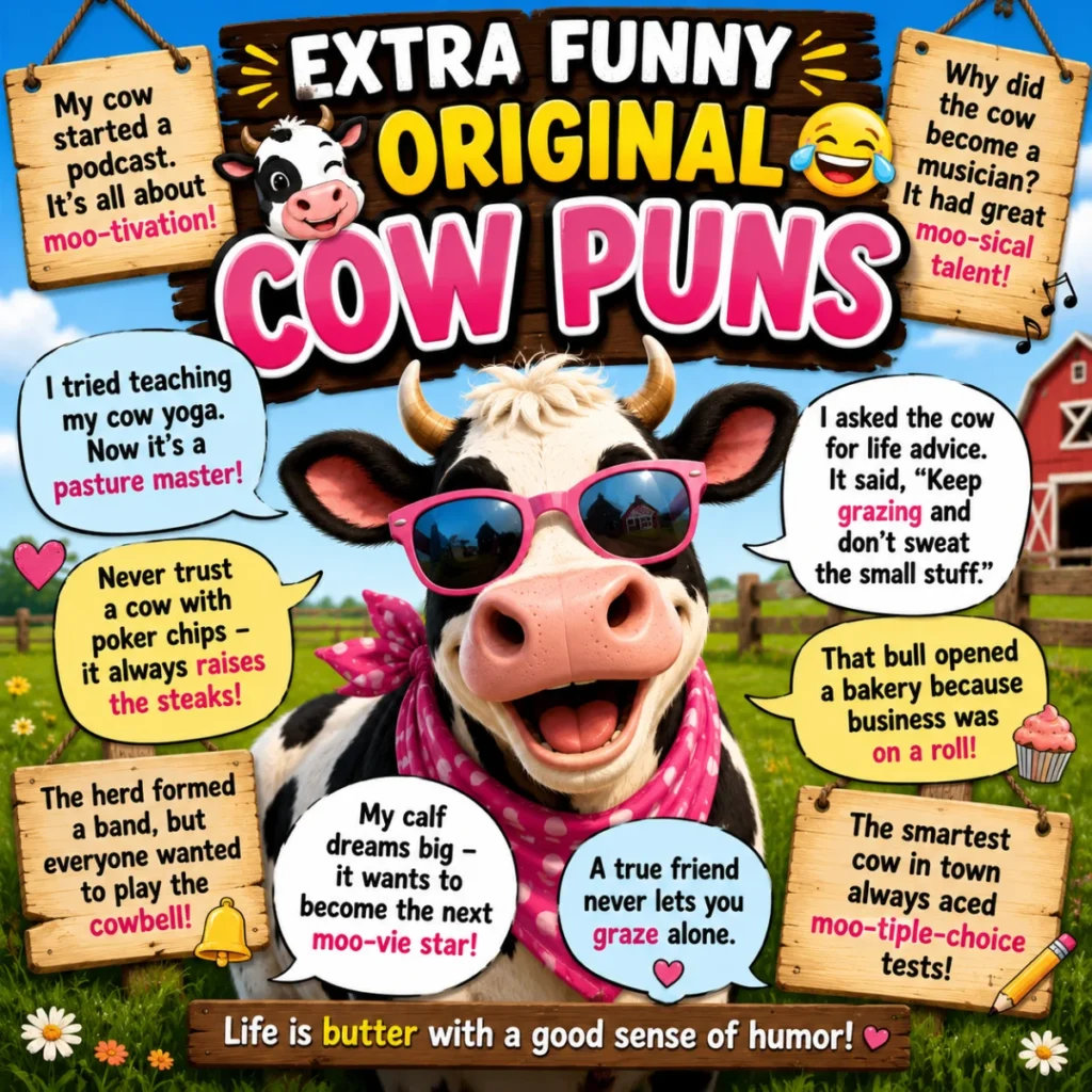 A cheerful cartoon cow wearing pink sunglasses smiles on a sunny farm, surrounded by colorful speech bubbles featuring extra funny original cow puns, moo jokes, and playful farm-themed wordplay.