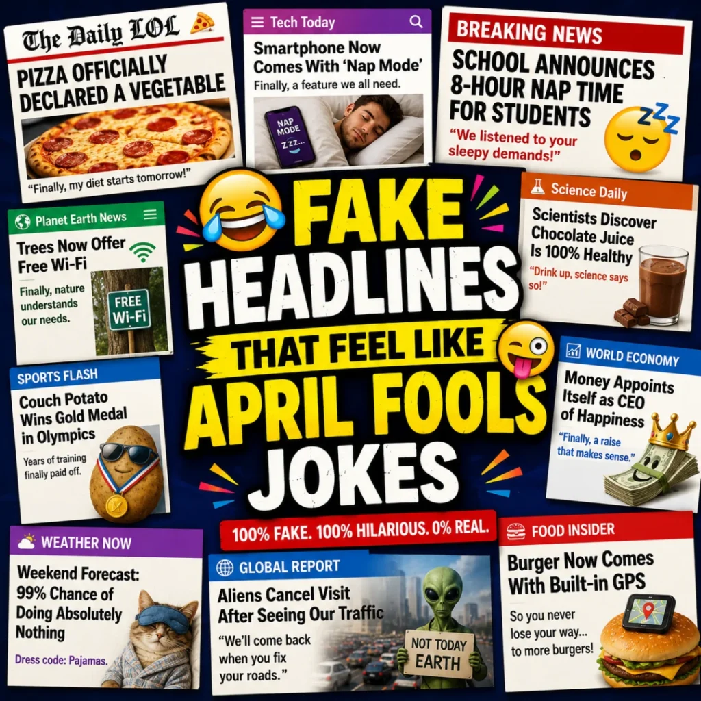 Colorful square graphic featuring humorous fake news headlines, parody newspaper clippings, laughing emojis, and absurd stories designed to look like classic April Fools' Day jokes.