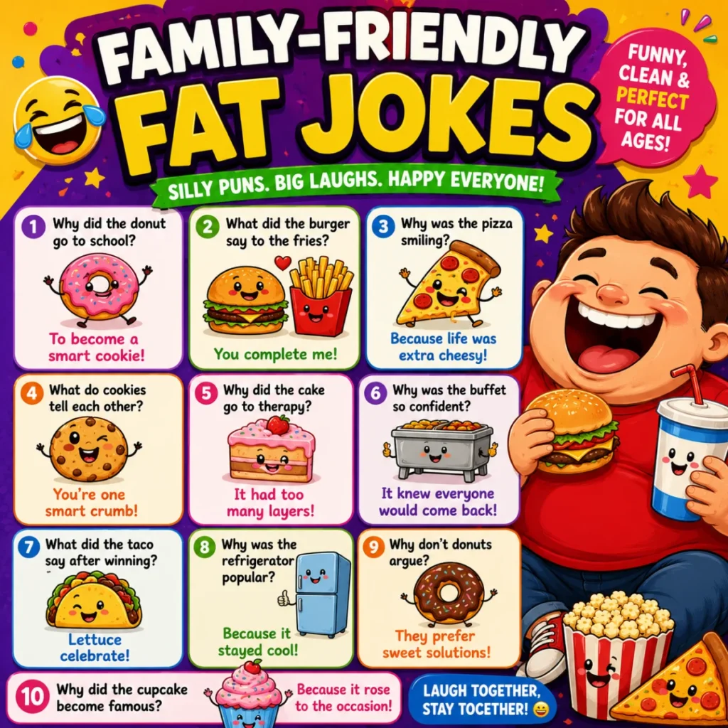 Colorful square poster featuring family-friendly fat jokes with cartoon donuts, burgers, pizza, tacos, cupcakes, and a laughing character enjoying food.