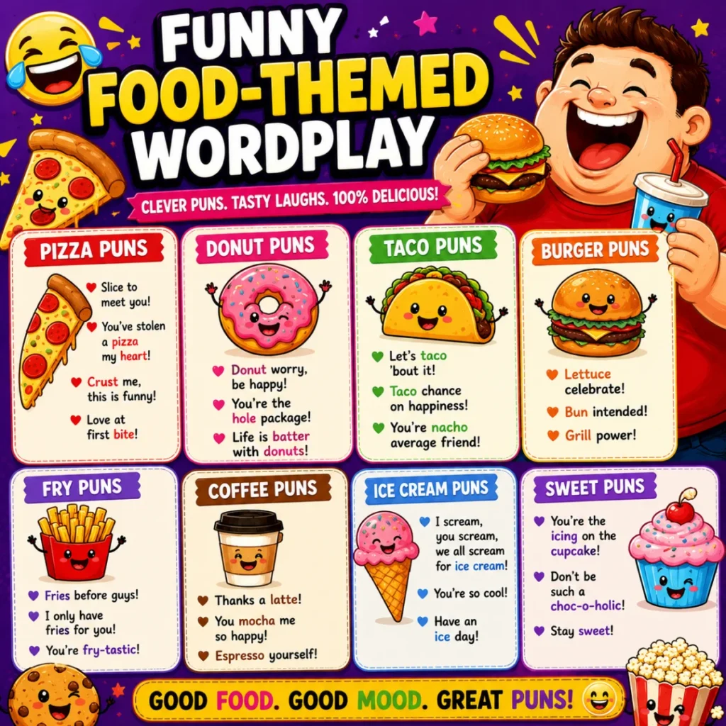 Colorful square infographic featuring funny food-themed wordplay with cartoon pizza, donuts, tacos, burgers, fries, coffee, ice cream, cupcakes, and a laughing character holding a burger.