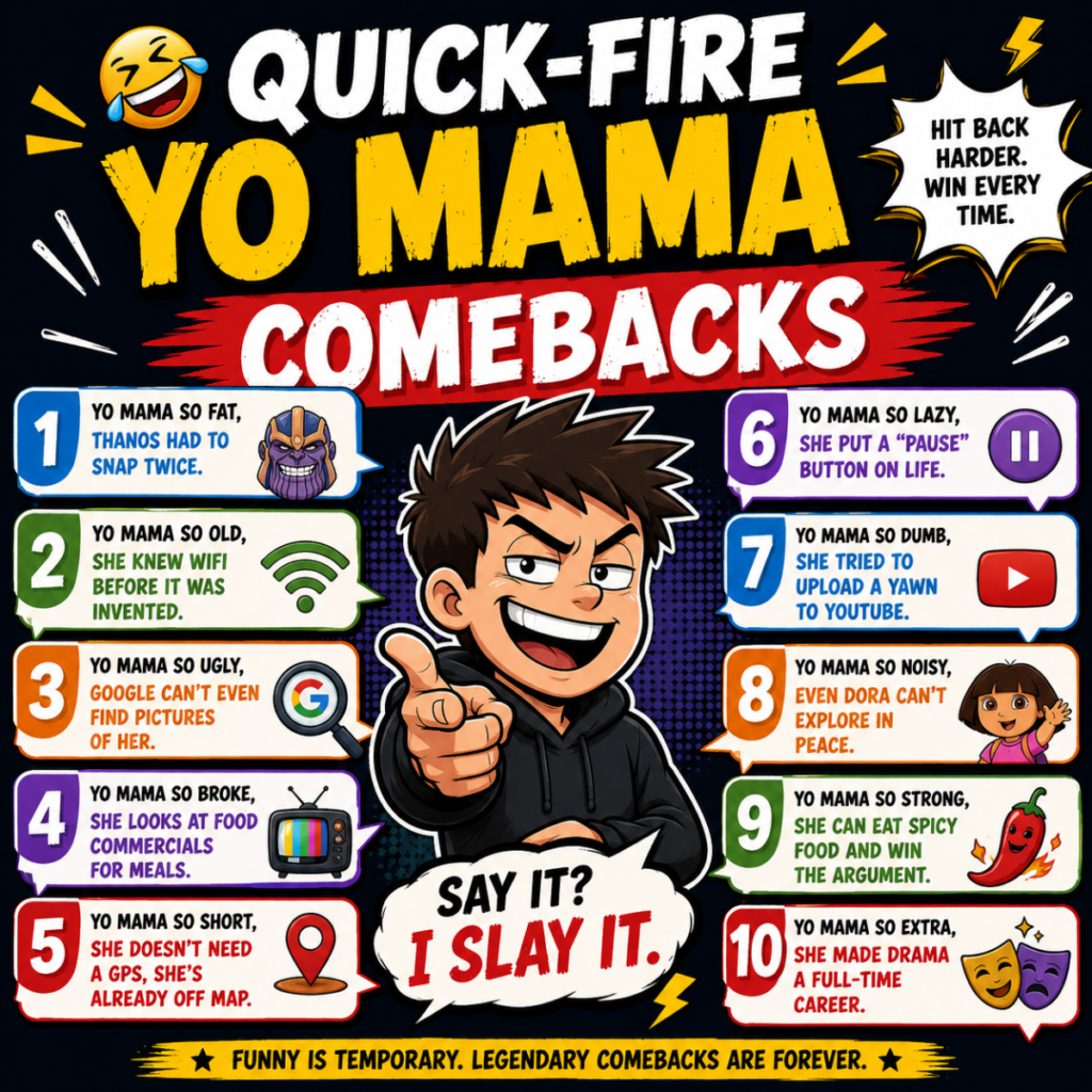 A bold and colorful comic-style poster titled “Quick-Fire Yo Mama Comebacks” featuring humorous speech bubbles with numbered jokes, a central cartoon character pointing forward, and vibrant comic graphics with emojis and attention-grabbing typography.