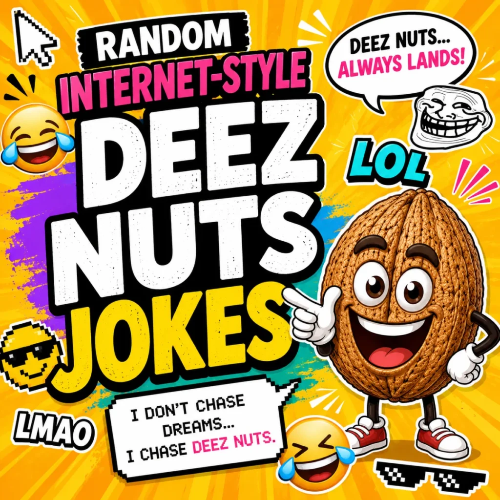 Random Internet-Style Deez Nuts Jokes thumbnail featuring a cheerful cartoon walnut mascot, bold comic text, meme-inspired graphics, laughing emojis, troll face illustration, and a bright yellow background.