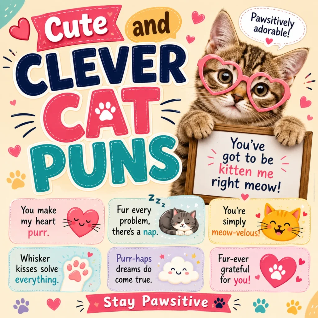 Cute kitten wearing heart-shaped glasses surrounded by adorable cat puns, hearts, paw prints, and colorful illustrations on a playful square graphic.
