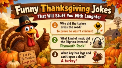 A festive Thanksgiving dinner scene with turkey, pies, and happy friends laughing around a table under the title Funny Thanksgiving Jokes That Will Stuff You With Laughter.