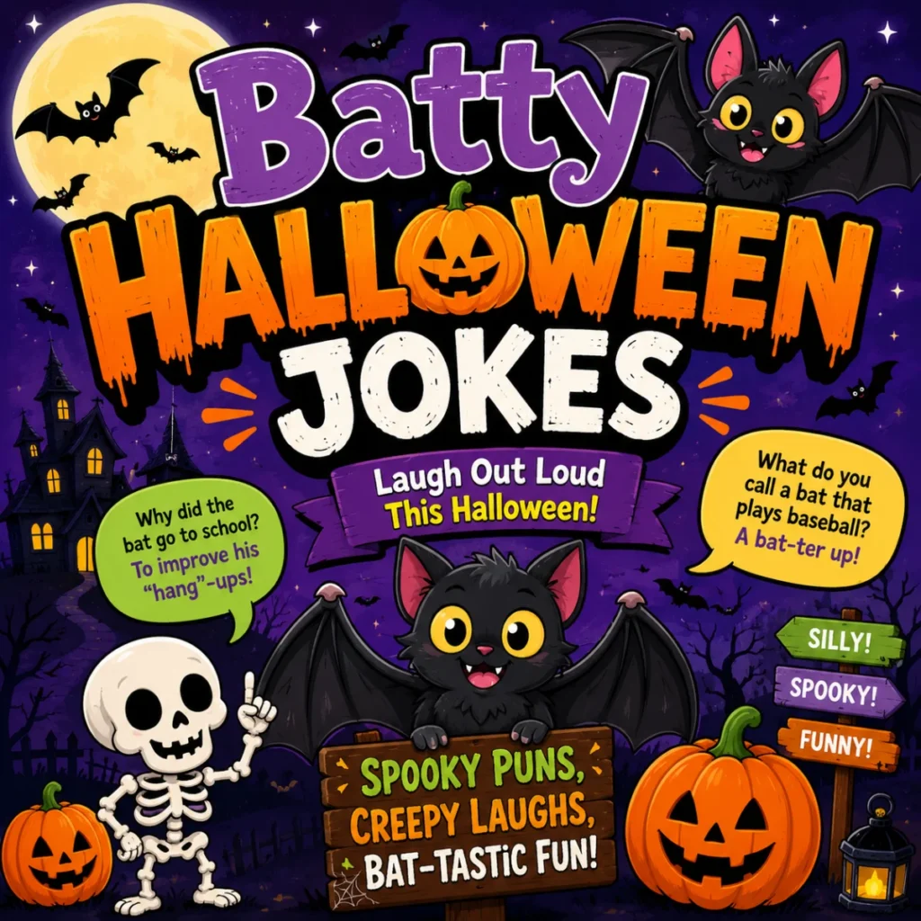 Square Halloween-themed graphic featuring cute cartoon bats, smiling pumpkins, a friendly skeleton, a haunted house, and funny bat jokes under the headline “Batty Halloween Jokes.” The design uses vibrant purple, orange, and black colors to create a playful, kid-friendly spooky atmosphere.