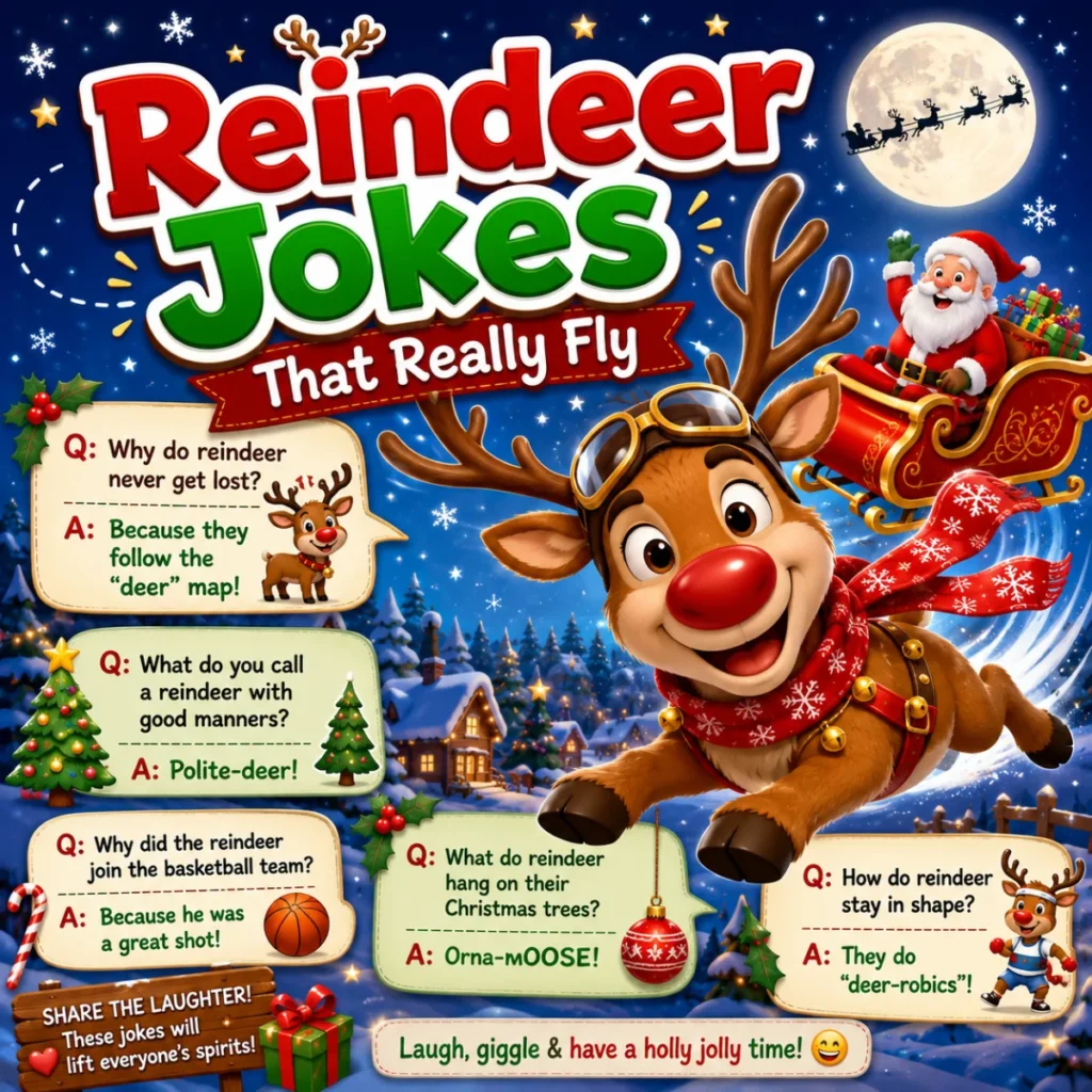 Cute cartoon reindeer wearing aviator goggles and a festive scarf flying through a snowy Christmas night sky, with Santa in his sleigh and funny reindeer jokes displayed around the image.