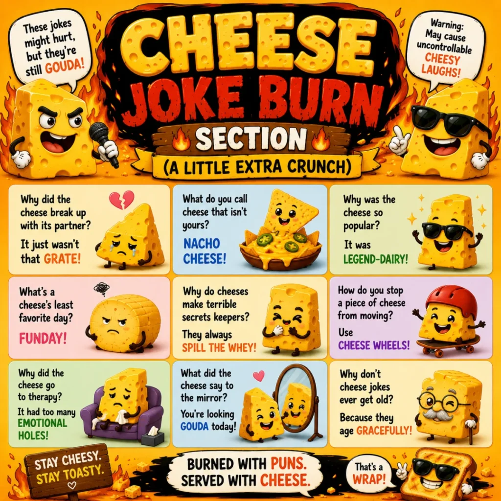 Colorful 1200x1200 square graphic featuring cartoon cheese characters, fiery cheese jokes, cheesy puns, playful speech bubbles, and humorous illustrations with a fun roasted-comedy theme on a bright orange background.