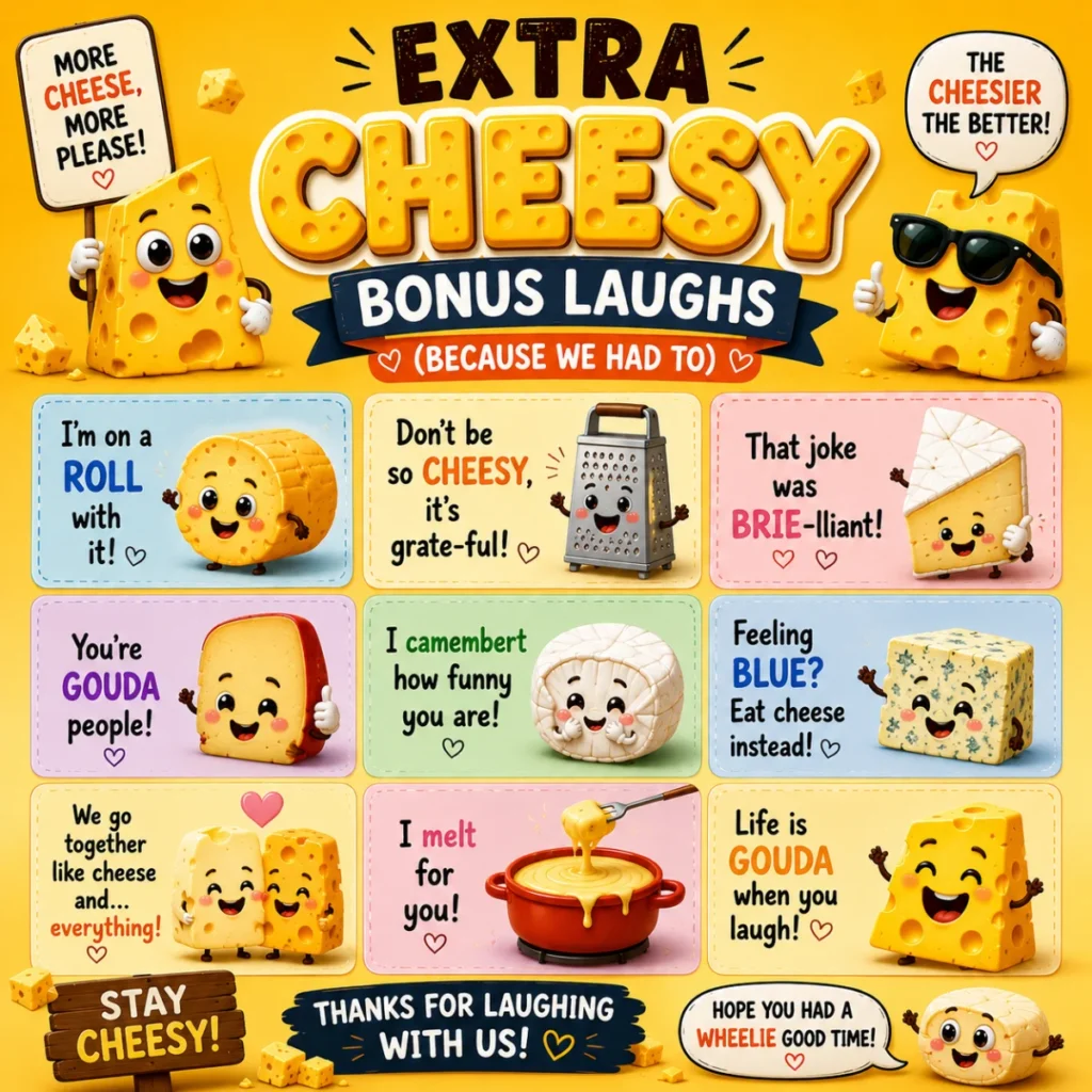 Square 1200x1200 graphic featuring adorable cartoon cheese characters, colorful cheese-themed puns, smiling gouda and brie illustrations, and playful typography on a bright yellow background filled with extra cheesy humor.