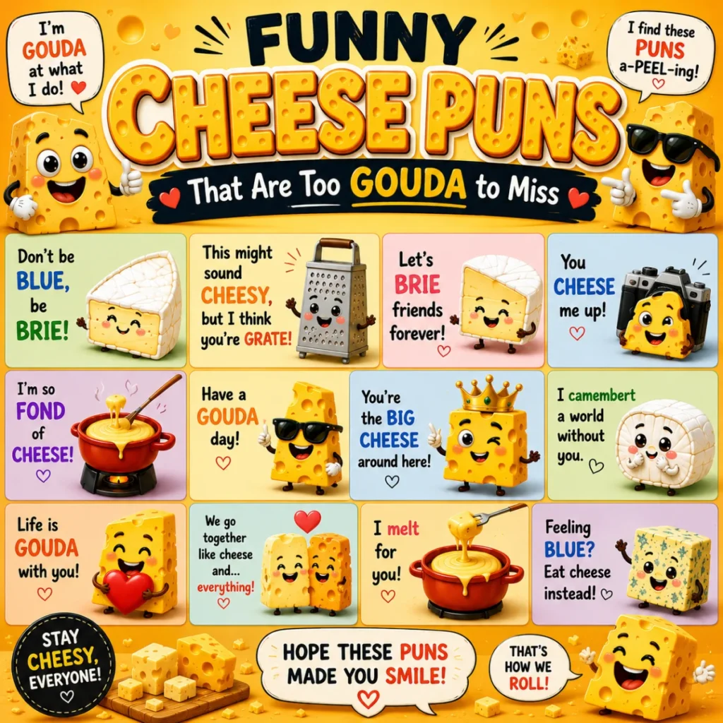 Bright 1200x1200 square graphic featuring adorable cartoon cheese characters, funny cheese puns, smiling brie and gouda illustrations, colorful joke panels, and playful typography on a cheerful yellow background.