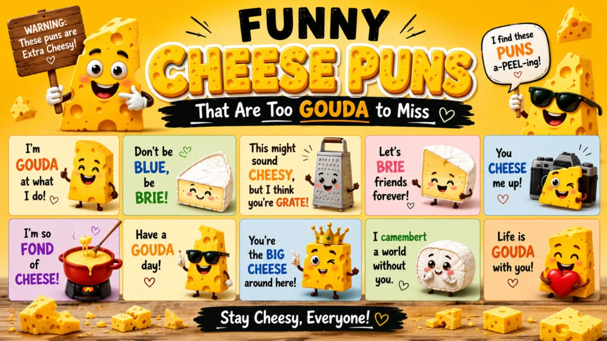Colorful 1920x1080 illustration featuring cute cartoon cheese characters, playful cheese-themed puns, smiling brie and gouda wedges, and a bright yellow background filled with humorous cheesy wordplay.