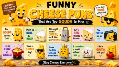 Colorful 1920x1080 illustration featuring cute cartoon cheese characters, playful cheese-themed puns, smiling brie and gouda wedges, and a bright yellow background filled with humorous cheesy wordplay.