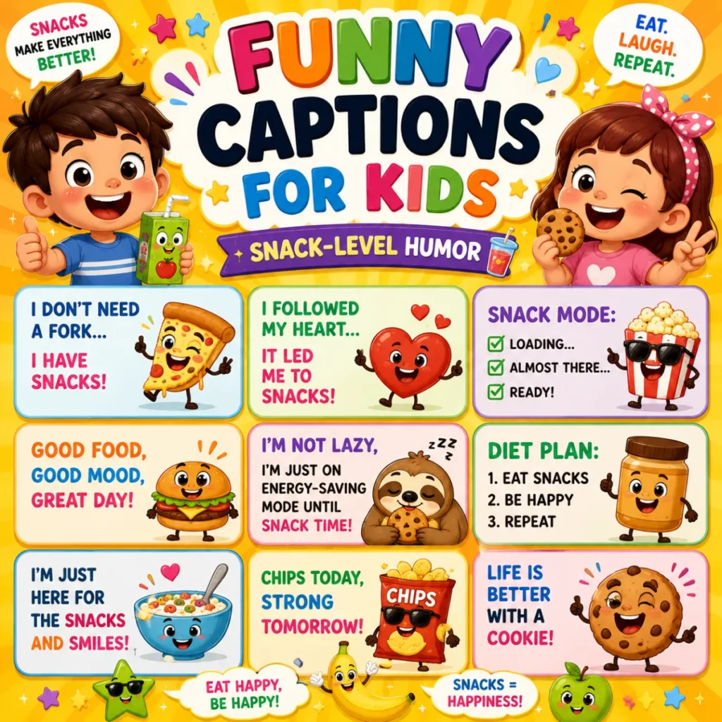 A colorful square cartoon poster featuring happy kids, smiling snack characters, cookies, burgers, popcorn, bananas, and playful food-themed captions with bright colors and cheerful illustrations.