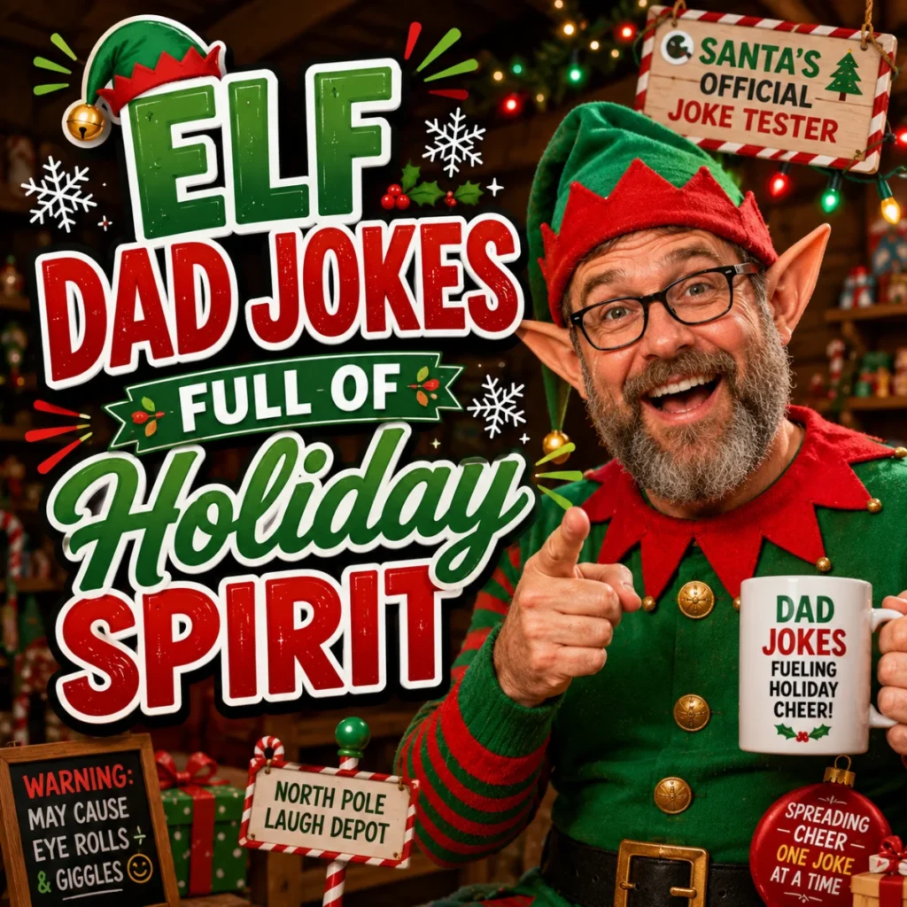 Cheerful cartoon Christmas elf giving a thumbs-up beside colorful text reading “Elf Dad Jokes Full of Holiday Spirit,” surrounded by holiday lights, snowflakes, gifts, candy canes, and festive decorations.
