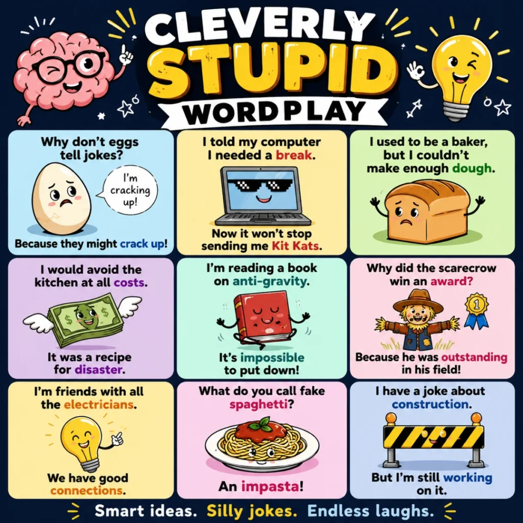 Cleverly Stupid Wordplay poster featuring funny puns, witty one-liners, cartoon illustrations, and humorous wordplay jokes in a colorful 1200x1200 design.
