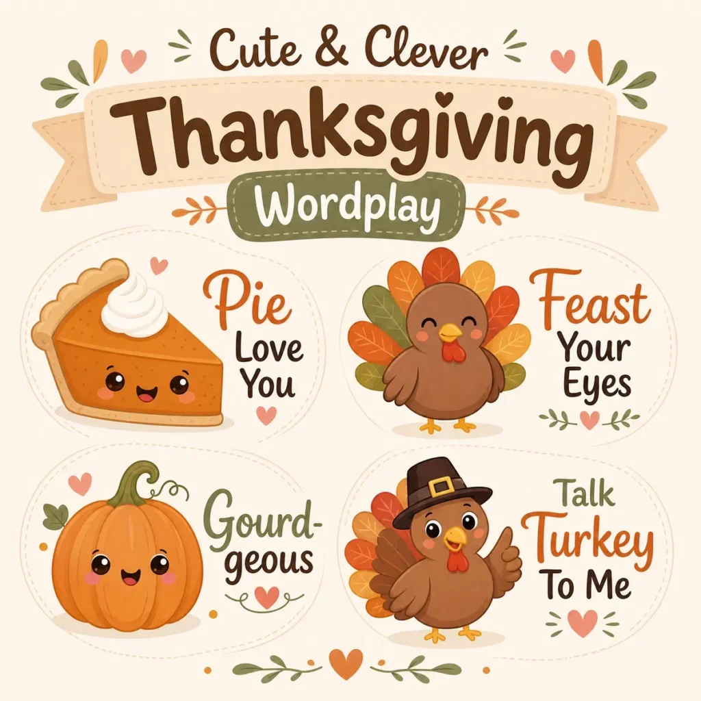 Thanksgiving comedy banner showing a festive dinner table with turkey, pies, and smiling guests enjoying funny holiday jokes under warm autumn lighting.