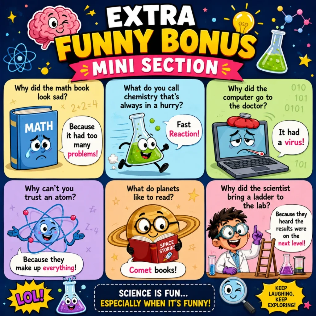 A colorful square cartoon graphic titled "Extra Funny Bonus Mini Section" featuring six science-themed joke panels with a smiling brain, chemistry flask, atom, computer, planet, math book, and a cheerful scientist in a lab. Bright educational illustrations and playful speech bubbles create a fun STEM humor design.