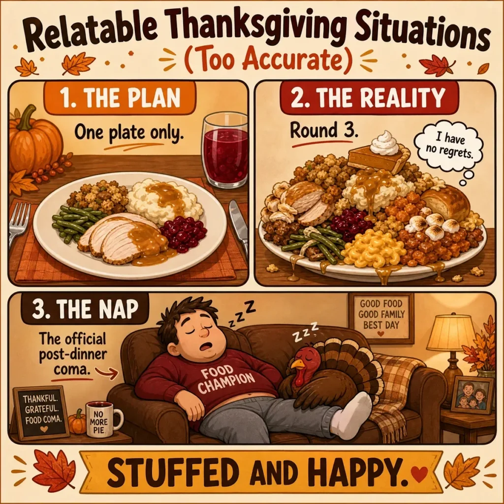 Festive Thanksgiving scene with a joyful dinner table full of turkey, pumpkin pie, and smiling people sharing funny holiday jokes.