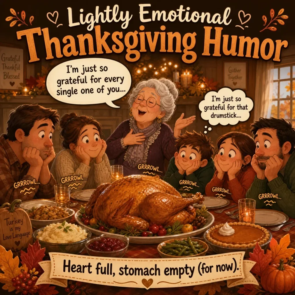 Festive Thanksgiving banner featuring a cozy dinner table with roasted turkey, pumpkin pie, and joyful people laughing together during holiday celebrations.