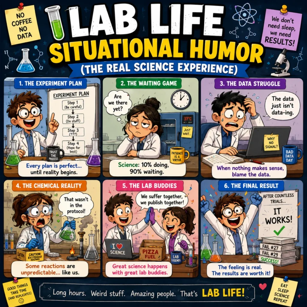 A colorful square cartoon illustration titled "Lab Life Situational Humor (The Real Science Experience)" featuring six funny comic panels that capture relatable moments in laboratory life, including experiment planning, waiting for results, data struggles, chemical mishaps, teamwork, and celebrating successful experiments with cheerful scientists and lab equipment.