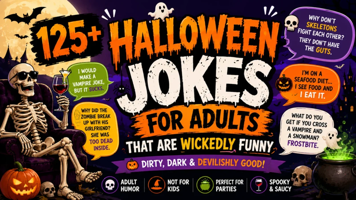: Colorful 1920×1080 Halloween banner featuring funny adult Halloween jokes with a laughing skeleton, carved pumpkins, ghosts, bats, haunted castle, full moon, spooky speech bubbles, and bold orange-and-purple typography.