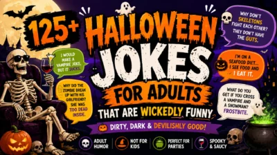 : Colorful 1920×1080 Halloween banner featuring funny adult Halloween jokes with a laughing skeleton, carved pumpkins, ghosts, bats, haunted castle, full moon, spooky speech bubbles, and bold orange-and-purple typography.