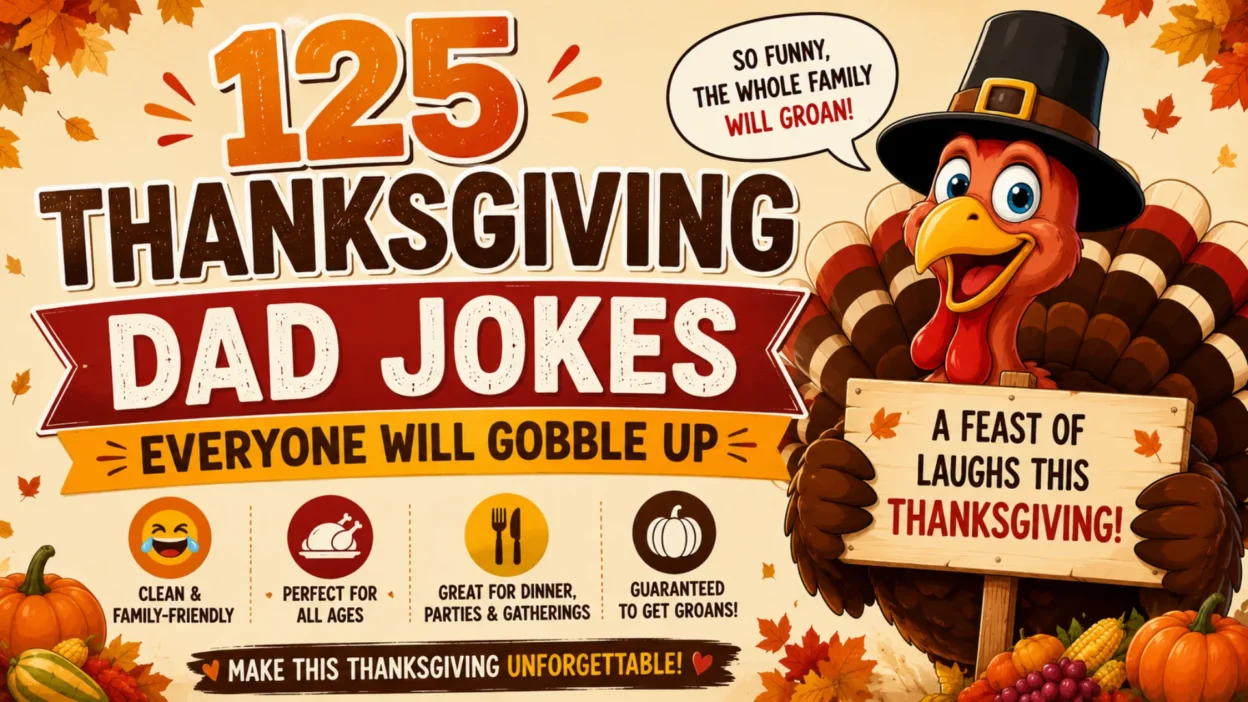 Colorful 1200×1200 illustration featuring Thanksgiving dad joke conversation starters with a smiling turkey, speech bubbles, pumpkins, autumn leaves, and family-friendly humor.