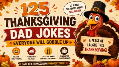 Colorful 1200×1200 illustration featuring Thanksgiving dad joke conversation starters with a smiling turkey, speech bubbles, pumpkins, autumn leaves, and family-friendly humor.