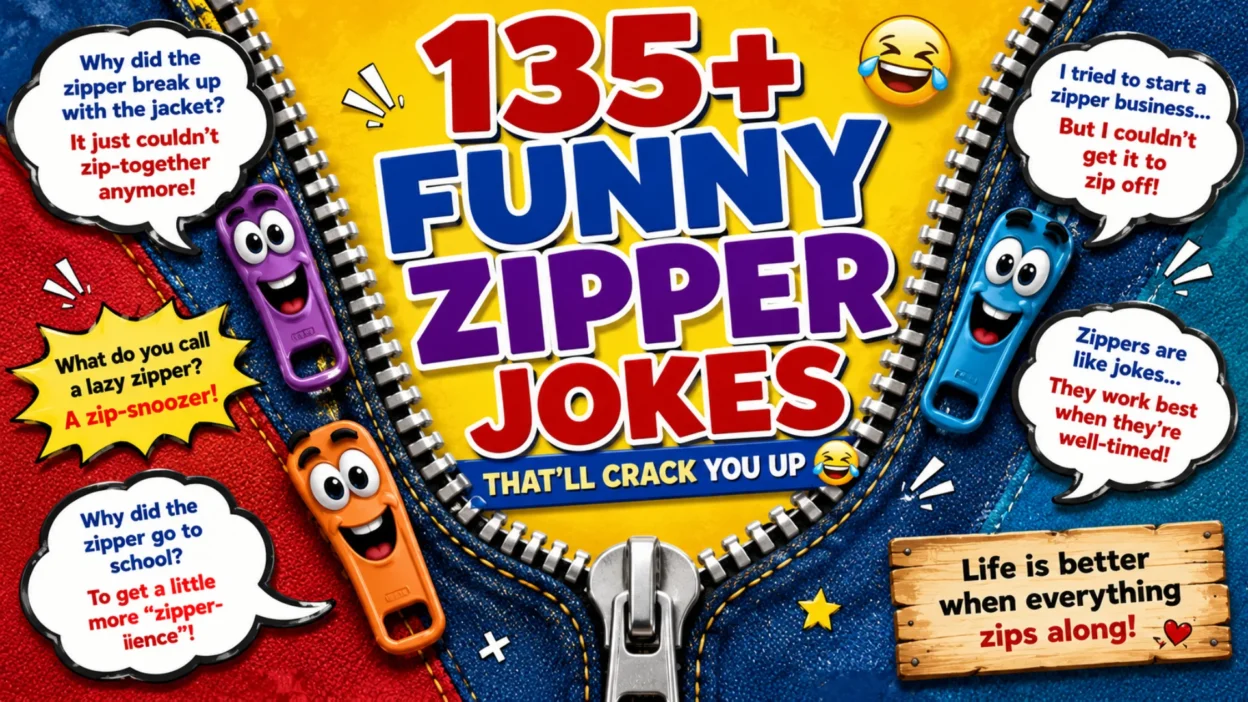 Funny zipper jokes featured image with smiling cartoon zipper characters, an open denim zipper, colorful speech bubbles, and bold text promoting 135+ hilarious zipper jokes.
