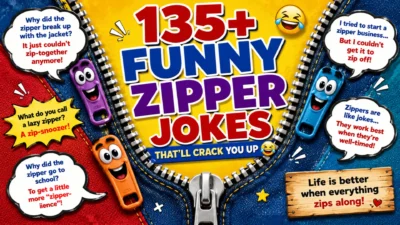 Funny zipper jokes featured image with smiling cartoon zipper characters, an open denim zipper, colorful speech bubbles, and bold text promoting 135+ hilarious zipper jokes.