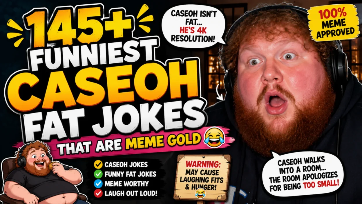 Colorful 1920×1080 featured image for "145+ Funniest CaseOh Fat Jokes That Are Meme Gold" featuring a surprised streamer-style character, bold comic text, meme-inspired graphics, and playful humor for a funny jokes article.