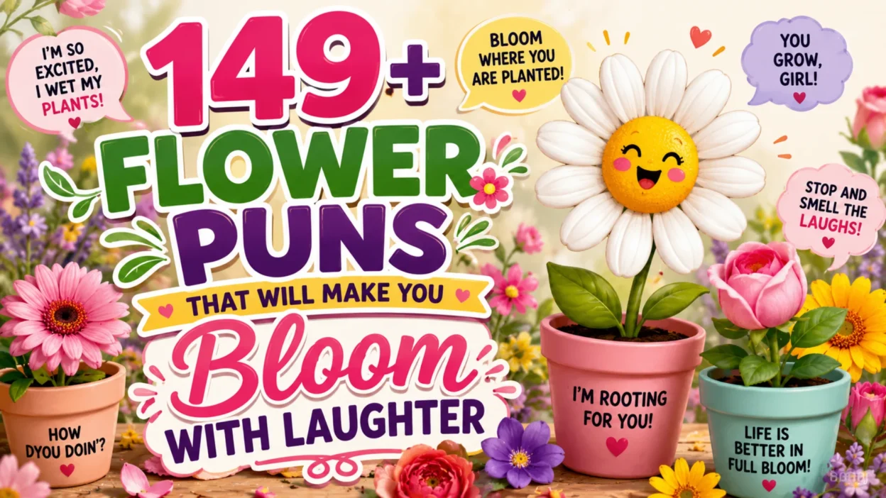 A colorful garden scene featuring smiling cartoon flowers, blooming plants, and bold text reading "149+ Flower Puns That Will Make You Bloom With Laughter."