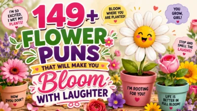 A colorful garden scene featuring smiling cartoon flowers, blooming plants, and bold text reading "149+ Flower Puns That Will Make You Bloom With Laughter."