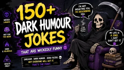 Square social media graphic featuring a smartphone displaying dark humour jokes, surrounded by cartoon skeletons, skull icons, speech bubbles, and comic-style illustrations with a bold black and neon color scheme.