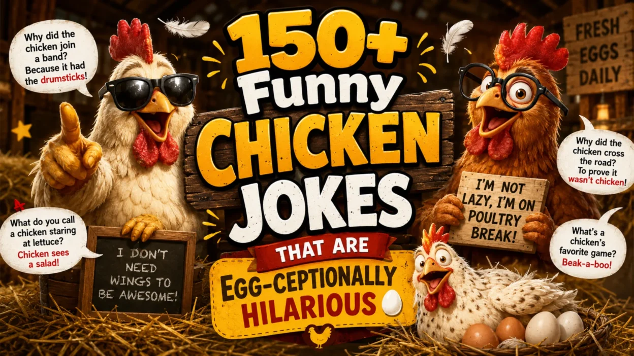 Colorful 1200×1200 illustration of cheerful cartoon chickens sharing funny jokes with speech bubbles, laughing emojis, and social media icons, designed for shareable chicken humor.