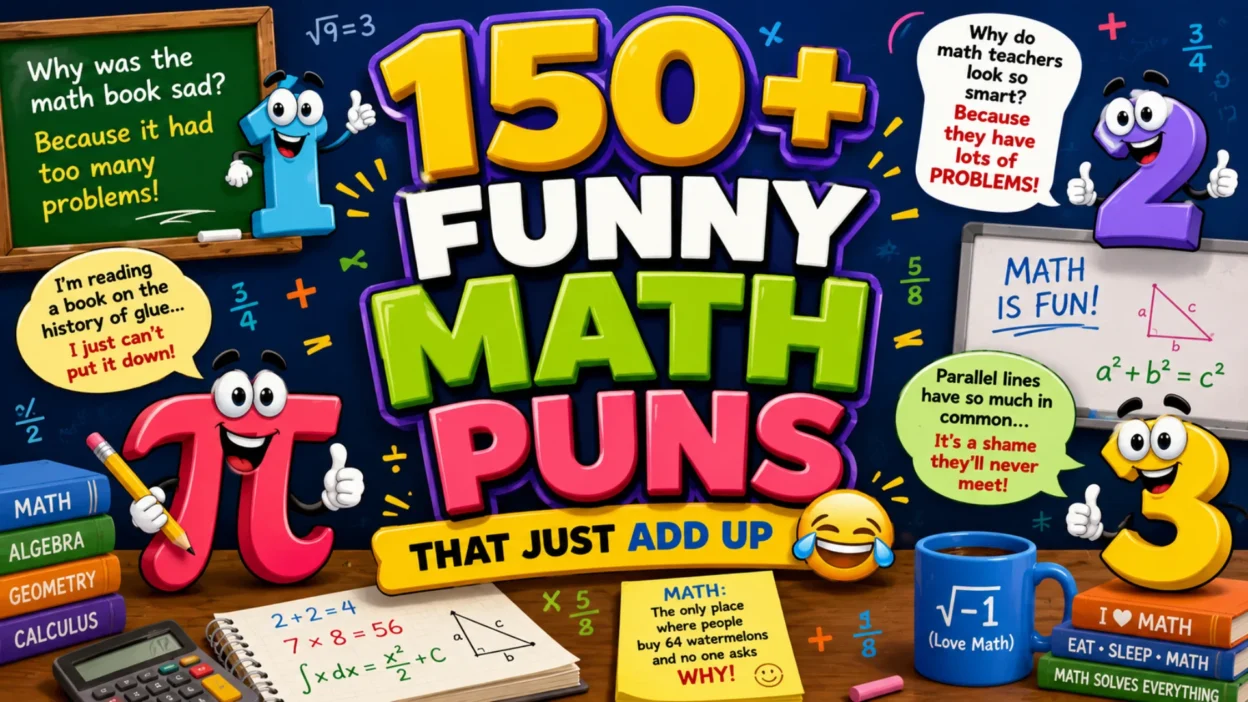 Colorful featured image for funny math puns featuring smiling cartoon numbers, math symbols, a classroom chalkboard, equations, and playful math jokes in a vibrant educational style.