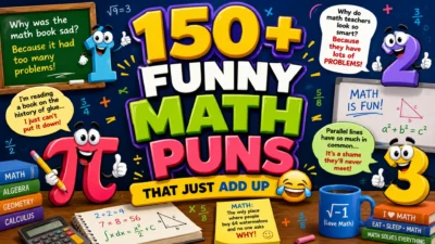 Colorful featured image for funny math puns featuring smiling cartoon numbers, math symbols, a classroom chalkboard, equations, and playful math jokes in a vibrant educational style.