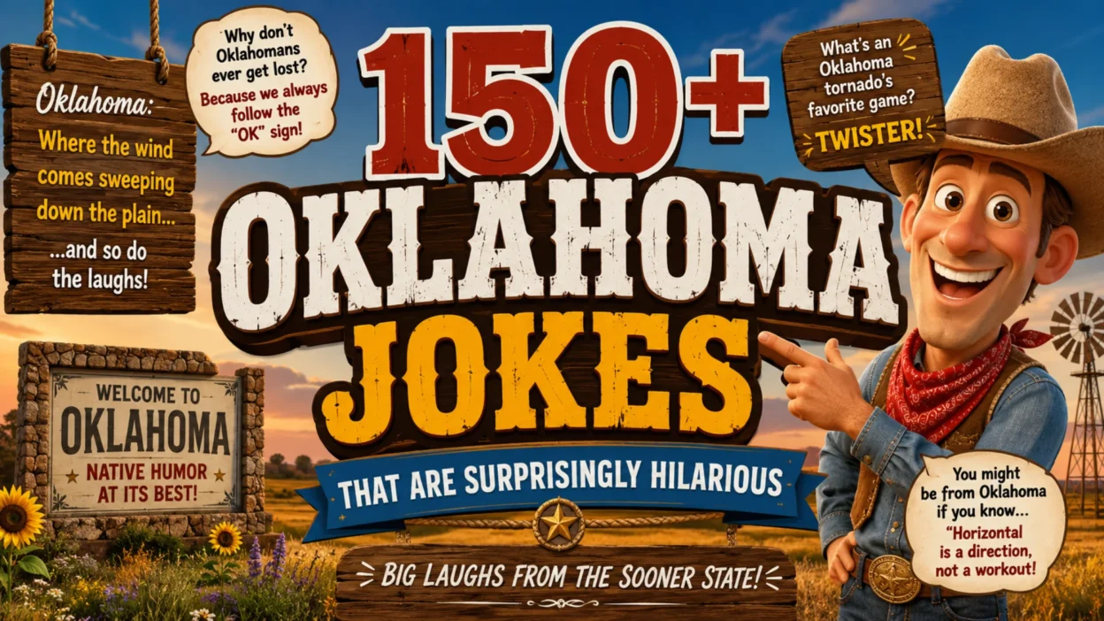 Colorful 1920×1080 banner featuring a smiling cowboy, rustic Oklahoma scenery, and bold typography promoting 150+ Oklahoma Jokes That Are Surprisingly Hilarious with a fun Western theme.