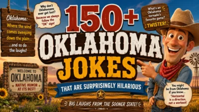 Colorful 1920×1080 banner featuring a smiling cowboy, rustic Oklahoma scenery, and bold typography promoting 150+ Oklahoma Jokes That Are Surprisingly Hilarious with a fun Western theme.