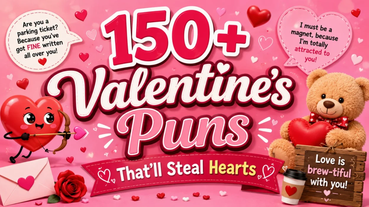 Colorful Valentine's Day banner featuring a smiling teddy bear holding a heart, a cute cartoon heart with Cupid's bow, roses, love-themed decorations, and bold text reading 150+ Valentine's Puns That'll Steal Hearts on a pink background.