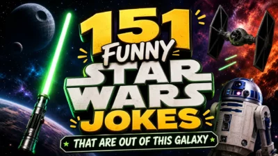 Colorful Star Wars-inspired social media illustration featuring a smartphone displaying funny space-themed jokes, with cartoon robots, glowing lightsabers, stars, planets, and a galaxy background in a vibrant square design.