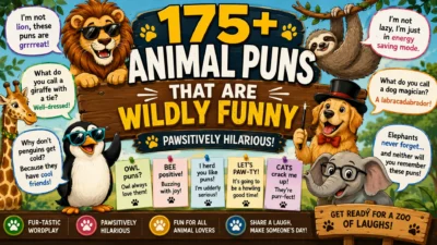Colorful 1200×1200 illustration featuring the funniest animal one-liners with adorable cartoon animals, playful speech bubbles, and humorous wildlife-inspired jokes in a bright, family-friendly design.