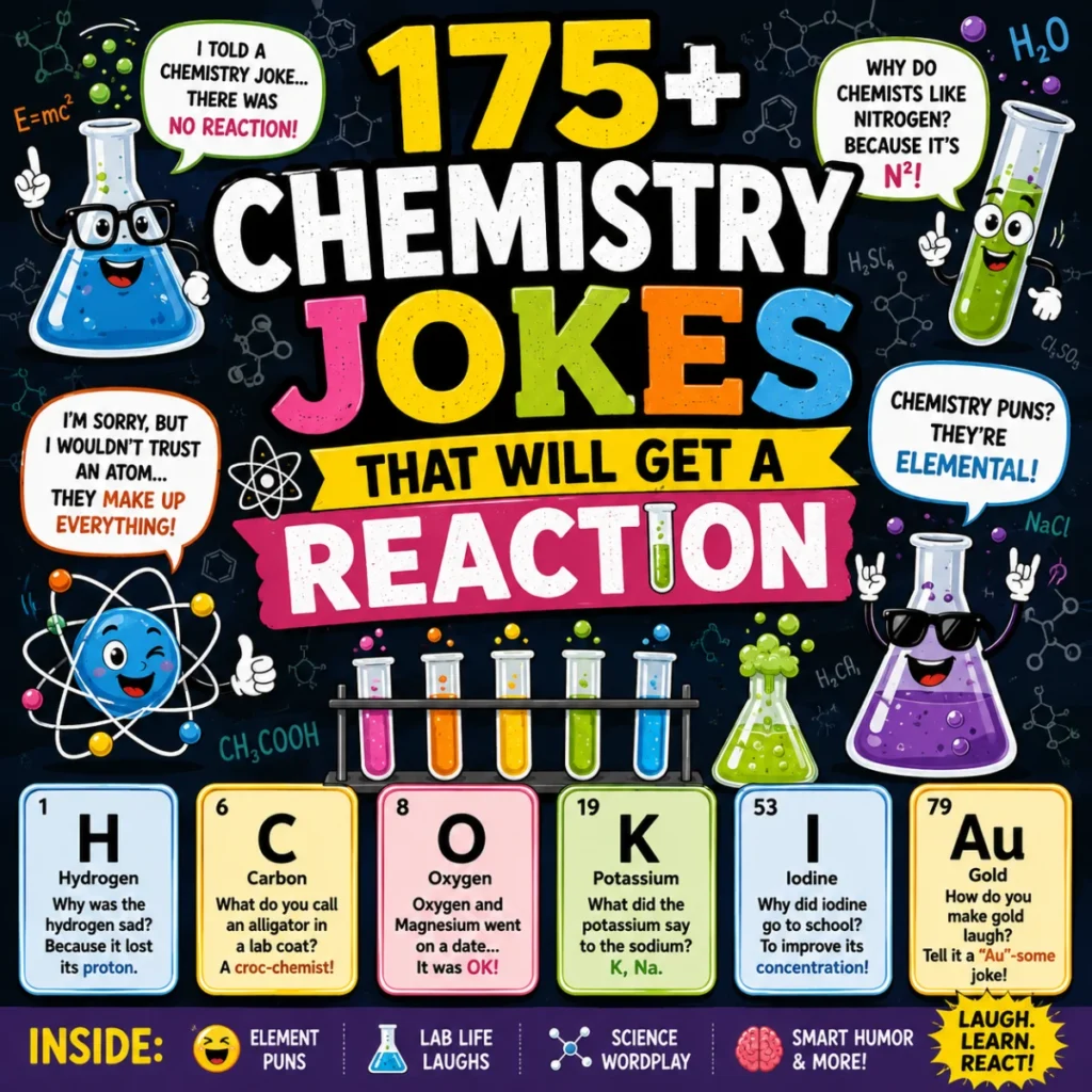 Eye-catching 1200×1200 artwork featuring funny science one-liners with cartoon lab equipment, smiling scientists, atoms, molecules, microscopes, colorful test tubes, and playful comic speech bubbles.