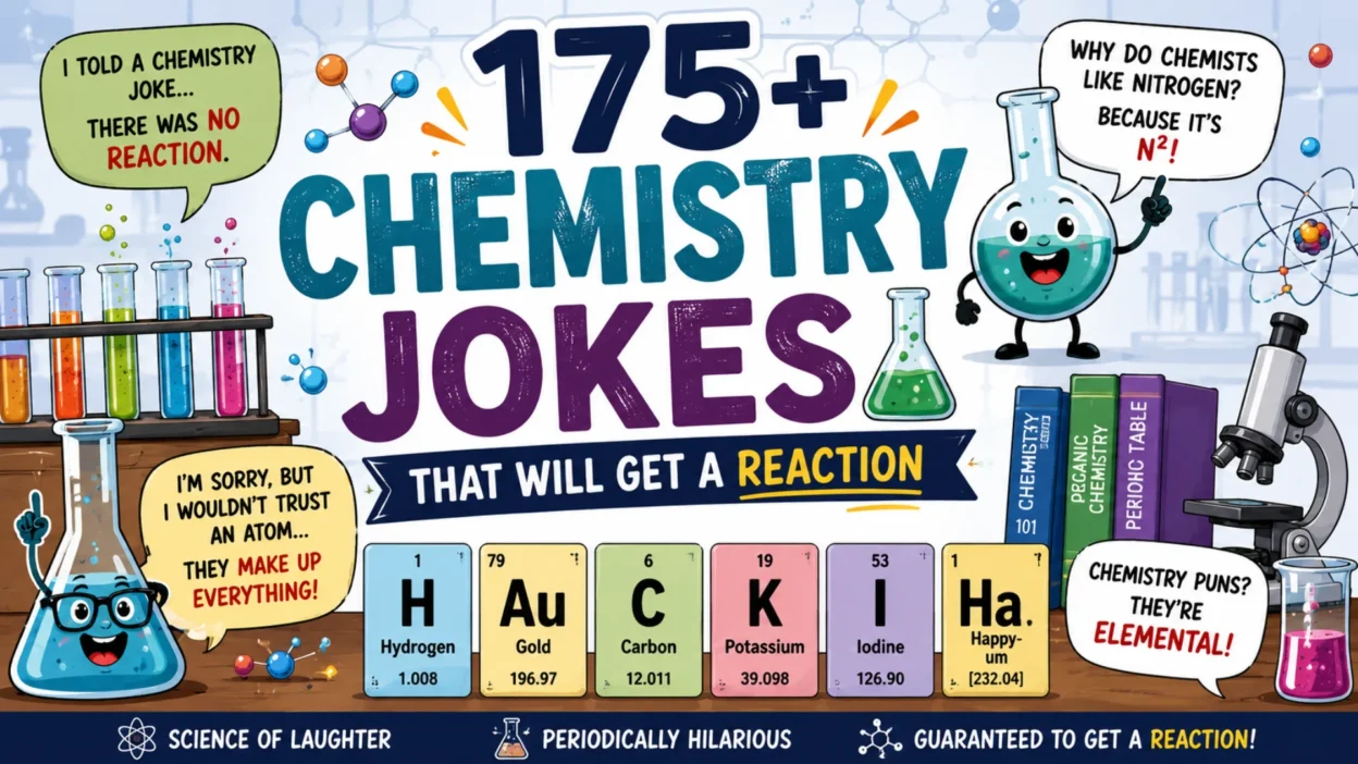 Bright 1200×1200 illustration featuring funny science one-liners with smiling scientists, colorful laboratory equipment, atoms, beakers, test tubes, and comic-style speech bubbles filled with clever science jokes.