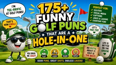 Bright 1200×1200 illustration featuring funny golf conversation starters with smiling golf balls, golf clubs, speech bubbles, a putting green, and playful golf-themed humor in a colorful cartoon style.