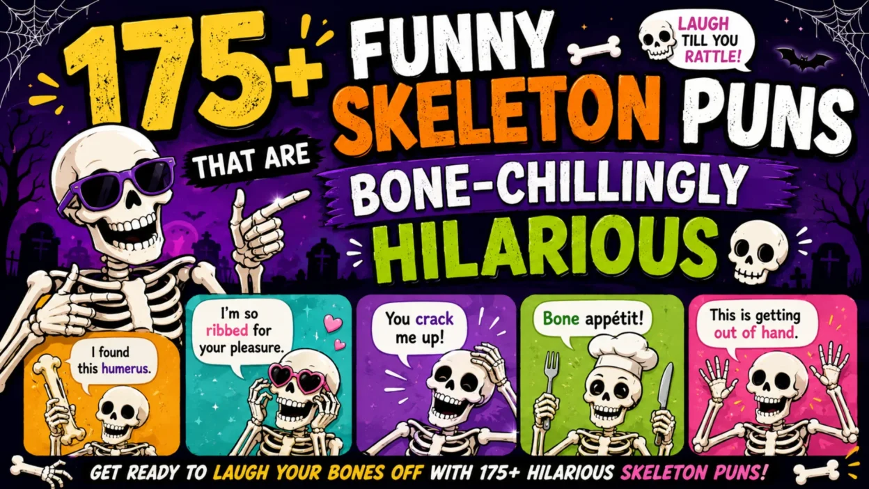 Colorful 1200×1200 graphic featuring funny skeleton captions for Instagram with cartoon skeletons, spooky Halloween elements, and playful comic-style typography.