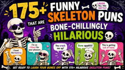 Colorful 1200×1200 graphic featuring funny skeleton captions for Instagram with cartoon skeletons, spooky Halloween elements, and playful comic-style typography.