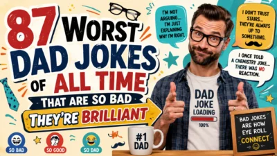 Colorful 1200×1200 infographic featuring short one-liner dad jokes with cheerful illustrations, funny icons, speech bubbles, and bold comic-style typography.