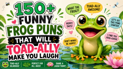 Cheerful 1200×1200 cartoon illustration featuring smiling frogs on lily pads with clever frog puns, playful speech bubbles, bright green colors, flowers, and a fun pond background.