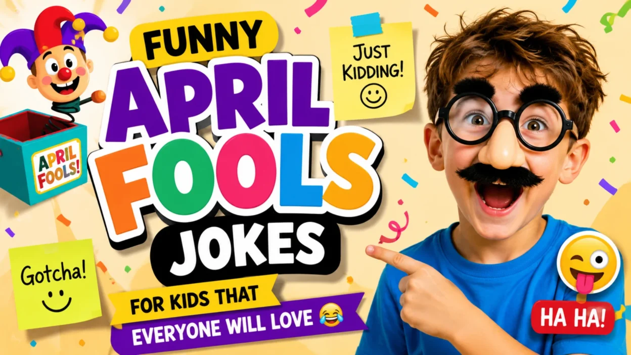 Happy children laughing and sharing playful April Fools jokes with colorful cartoons, confetti, and fun illustrations in a bright 1200×1200 infographic explaining why kids love April Fools' Day.