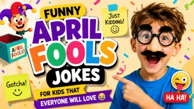 Happy children laughing and sharing playful April Fools jokes with colorful cartoons, confetti, and fun illustrations in a bright 1200×1200 infographic explaining why kids love April Fools' Day.